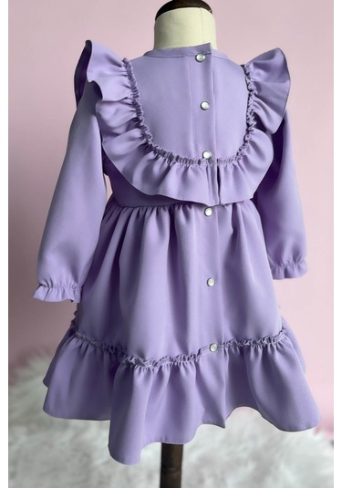 Dantel Detaylı Fırfırlı Lila Kız Çocuk Bebek Elbise 001