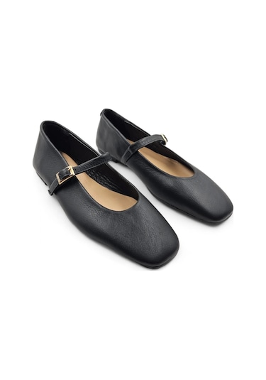 Rive Siyah Hakiki Deri Tek Tokalı Kadın Babet Ayakkabı Bol Kalıptır Siyah