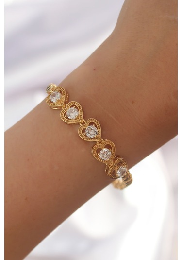 Ezoconcept Pirinç Gold Renk İçi Zirkon Taşlı Kalp Figürlü Bileklik Çok Renkli