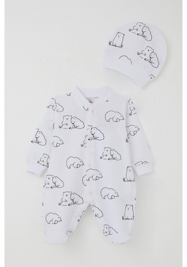 Breeze Erkek Bebek Patikli Tulum Sevimli Kutup Ayıcığı Desenli 0-6 Ay, Beyaz Beyaz