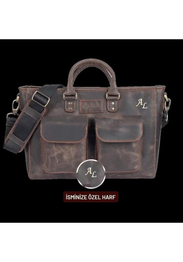 İsme Özel Askılı Cepli Evrak - Laptop Çantası - %100 Crazy Deri - Ac09003 - Kahverengi-130580 Siyah
