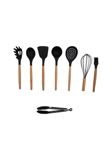 Qerhome Bambu Saplı Maşa'lı 8 Parça Mutfak Seti Siyah Çırpıcı-maşa