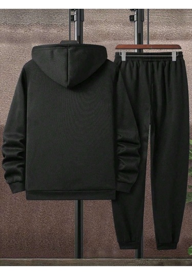 Fresh Eşofman Takımı Sweatshirt Jogger - Siyah Baskılı Şardonlu Kapüşonlu Siyah