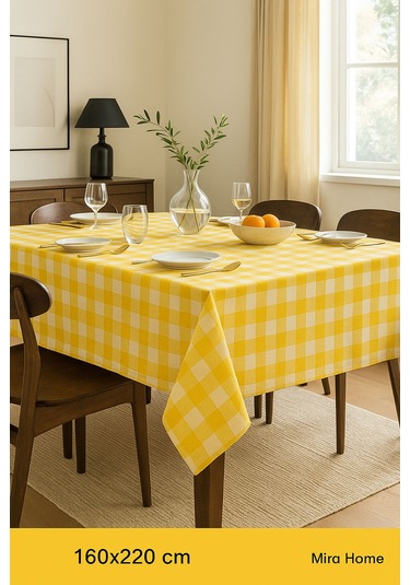 Mira Home Kareli Masa Örtüsü Sofra Bezi 160x220 Cm Rustik Sarı