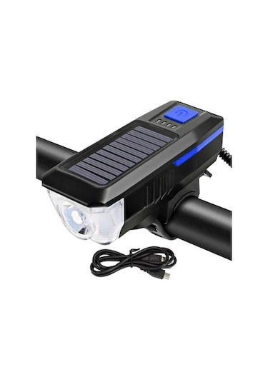 Güneş Enerjili Usb Şarjlı Bisiklet Lambası Solar Fener Ön Far Işık Aydınlatma Kornalı Mavi