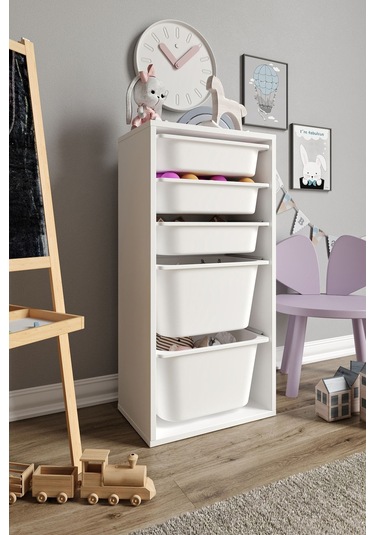 %100 Mdf - Medium Mono 5 Sepetli Oyuncak Dolabı Beyaz