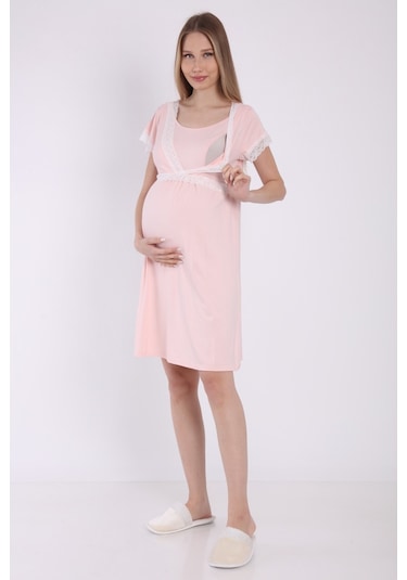 Luvmabelly Myra9680 Önden Bölmeli Dantelli Hamile Geceliği -pembe-pembe