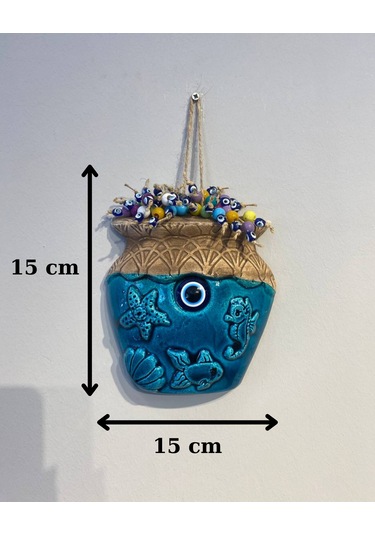 El Yapımı Nazar Boncuğu, Duvar Dekorasyon Ürünü, Seramik, El İşçiliği, Turkuaz Renkte Vazo Desenli -