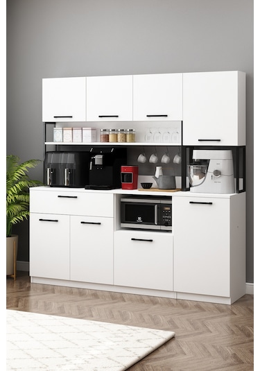 Ervin Kahve Köşesi 3 Kapaklı Boy Dolaplı Airfry Kiler Dolabı Beyaz Beyaz