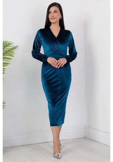 Defymoda Kadın Kadife Kumaş Manşetli V Yaka Şık Kalem Elbise Mavi