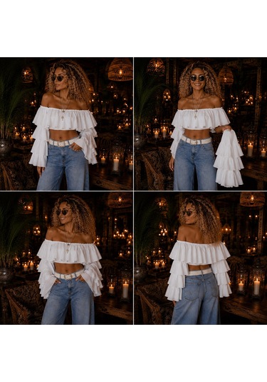 Na Addesıgn Valon Kol Madonna Yaka Crop Bluz İkili Kullanım Beyaz