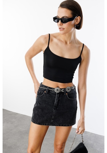 Genius Store Kadın Scuba Kumaş İp Askılı Crop Top Crop-atlet Siyah