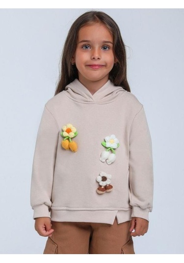 Kız Çocuk Çiçek Örgü Detaylı Kapüşonlu Sweatshirt-14306 Bej