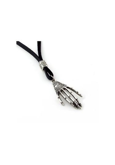 Solfera Metal Iskelet El Parmaklar Siyah Deri Erkek Kolye Q0587 Siyah