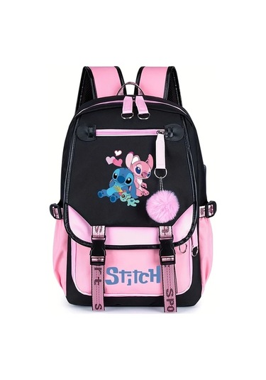 Honeybeeshop Disney Stitch Siyah 2 Büyük Kapasiteli Sırt Çantası Pembe Ve Siyah Tasarım Stitch Lilo İllüstrasyonlu Hafif Polyester Seyahat Çantası Siyah 2
