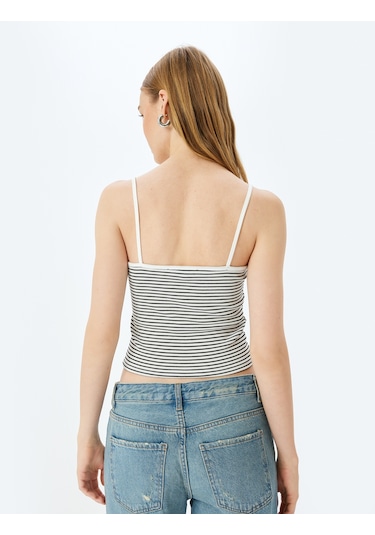 Koton İp Askılı Çizgili V Yaka Slim Fit Fitilli Atlet Ekru Çizgili 5sal30078ık Ekru Çizgili Ekru