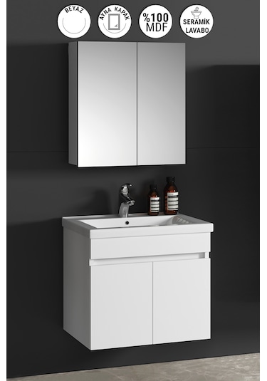 65 Cm Çiğdem Beyaz Mdf Seramik Lavabolu Asma Banyo Dolabı Takımı Beyaz