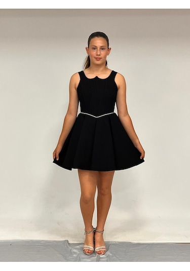 Kız Çocuk Abiye Siyah Krep Kısa Bel İnce Şerit Taş Detaylı Taş Kısa Abiye Elbise 10-15 Yaş Siyah