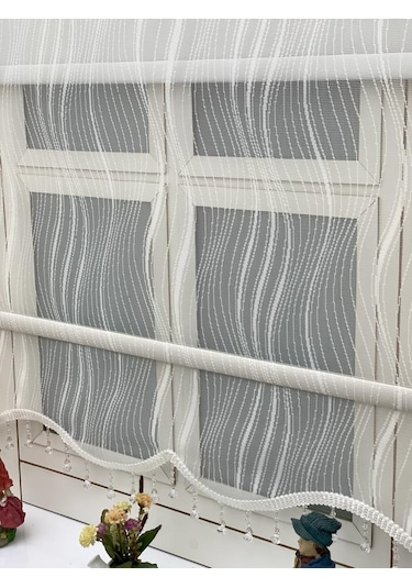 Ekru Spor Simetrik Desenli Çift Mekanızmalı Tül Stor Perde
