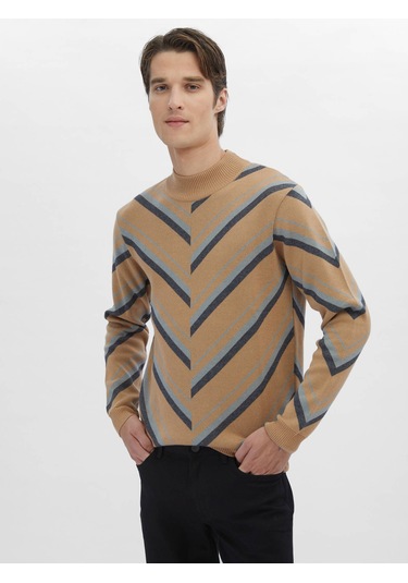 Deve Tüyü Yarım Balıkçı Yaka Desenli Pamuk Karışımlı Triko 602505 Deve Tüyü