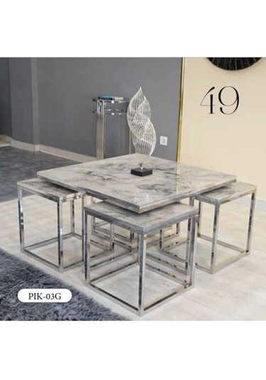 Mim Mermer - Gümüş Kare 4+1 Pizza Orta Sehpa Mermer