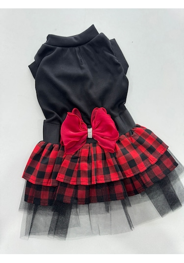 Miniş Pet Butik Kırmızı Fiyonk Detaylı Tütülü Kedi Köpek Elbisesi