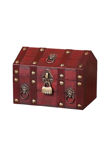 Vintage Kırmızı - Küçük Yüzyıl Kilidi Kilit Ve Şifreli Ev Şeklinde Ahşap Saklama Kutusu A