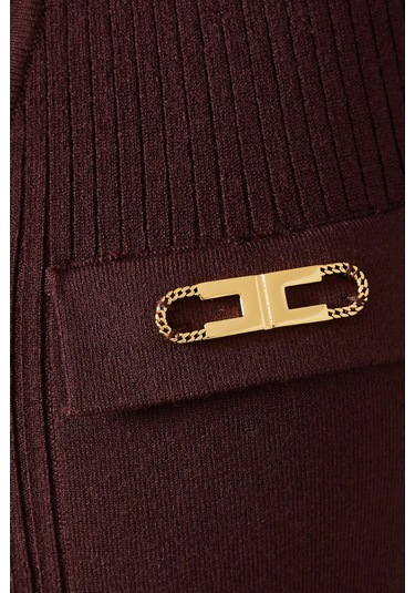 Elisabetta Franchi Ribbed Midi Triko Elbise, Lüks Günlük Şıklık Bordo