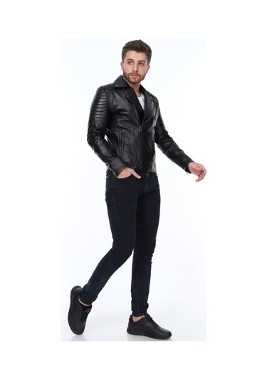 Hakiki Kuzu Derisi Yaka Detaylı Yandan Fermuarlı Erkek Deri Ceket Siyah Siyah