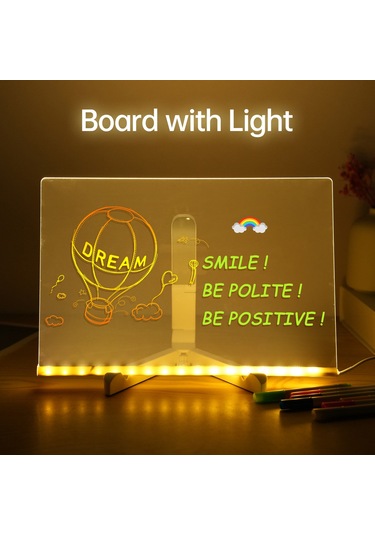 Hombey 30x20cm Led Işıklı Akrilik Çocuk Tahta - Silinebilir Kalemli, Masaüstü Dıy Boyama Tablosu + Ayağa + Temizlik Bezi Çok Renkli