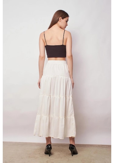 Kadın İç Göstermez Midi Boy Fırfırlı Beli Lastikli Etek -krem Krem