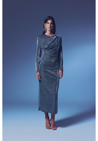 Simli Midi Elbise - Antrasit-135360 Antrasit