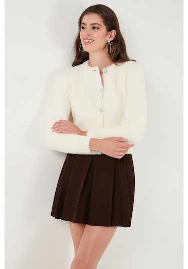 Lela Fitted Fit Bisiklet Yaka Yumuşak Dokulu Crop Bayan Hırka 4615559 Ekru