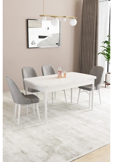 Sar Pakete Almira Serisi, Beyaz 80x132 Açılabilir Mdf Mutfak Masası Takımı 4 Adet Sandalye Gri