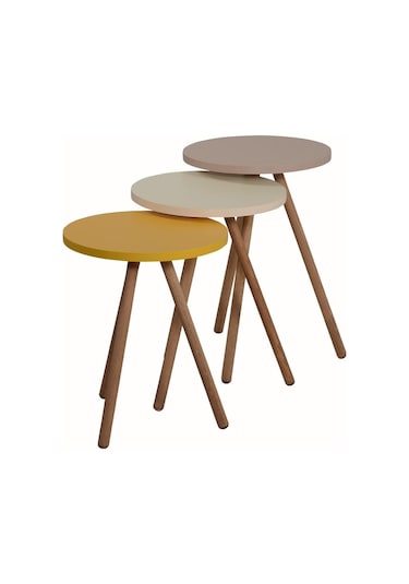 Renkli Üçlü Zigon Sehpa Ahşap Ayaklı Yuvarlak Pastel Tasarım Sarı Krem Cappuccino