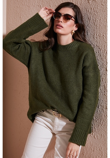 Lela Regular Fit Bisiklet Yaka Basic Triko Bayan Kazak 4616213 Haki