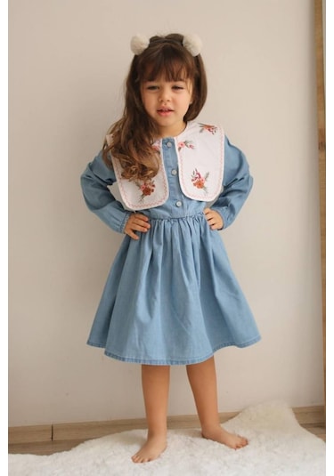 Kız Çocuk Çiçek İşlemeli Kot Elbise 001