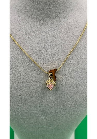 14k Altın Renginde T Harf Pembe Kalpli Minimal Çelik Kadın Kolye Altın