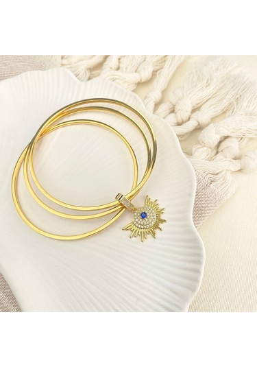 Çelik Ajda Bilezik Charmlı Ajda Bilezik Zirkon Taşlı Güneş Model Gold Gold