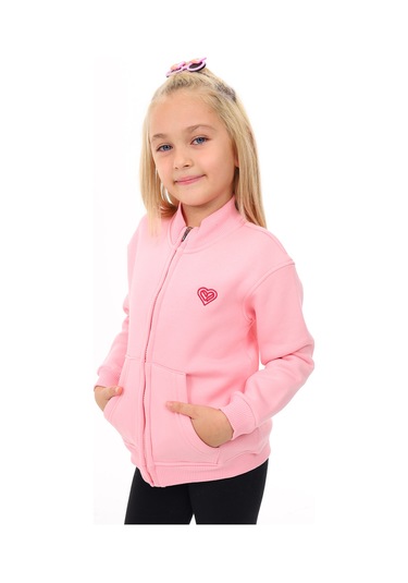 Toontoy Kız Çocuk Dik Yaka Fermuarlı Cepli Nakış Baskılı Örme Hırka - 2 İplik Şardonlu Pembe