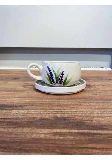 Seramik El Yapımı Fincan Takımı 2'li Set Lavanta Desenli Beyaz - Mor