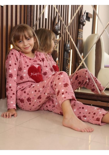 Fames Pijama Happiness Çocuk Polar Kışlık Pijama Takımı. 5-6-7-8-9-10 Yaş Pembe