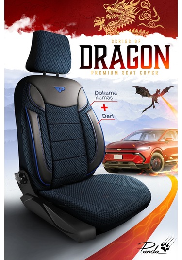 Lacivert - Siyah Panda Dragon Serisi Dokuma Kumaş Oto Koltuk Kılıfı - Tam Set