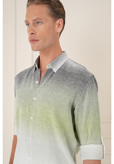 Comfort Fit Apoletli Degrade Desen Esnek Pamuk Yeşil Gömlek G 1575 Yeşil