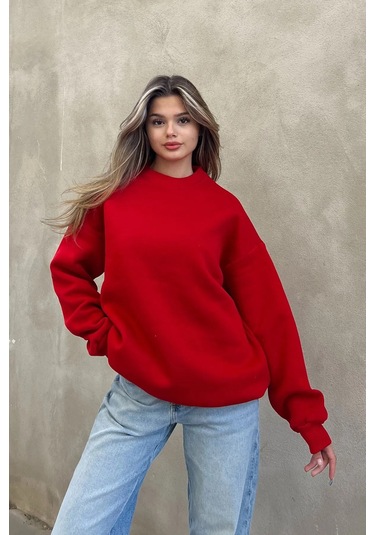 Şeker Pembe Basic Bisiklet Yaka Oversize Sweatshirt Kırmızı