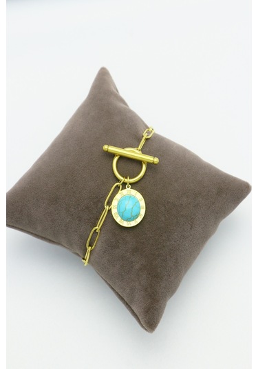 Altın Kaplama Seri Kararmaz Turkuaz Taşlı Roma Rakamlı Çeli Gold Altın