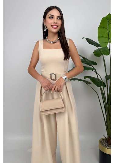 Noir Flow Kadın Taş Kemerli Askılı Bol Paça Tulum Zarif Şıklık Taş