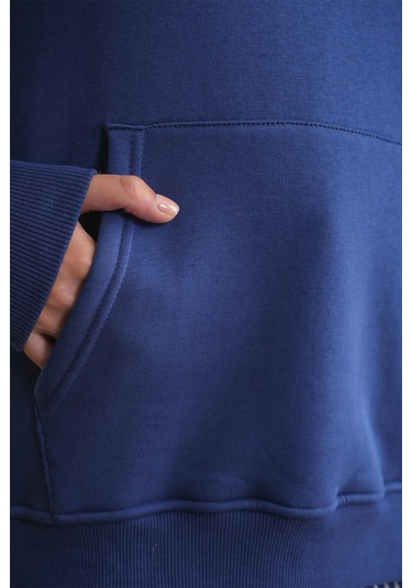 Mixray 2022 Unisex 3iplik Basic Polarlı Kapüşonlu Sweatshirt Hoodie Lacivert