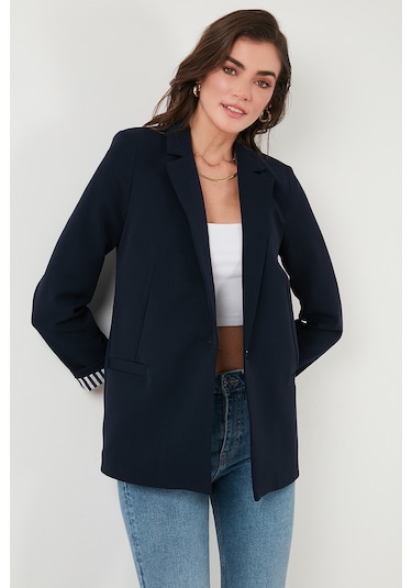 Lela Standart Fit Mono Yaka Desenli Astar Detaylı Blazer Bayan Ceket 6524003 Lacivert