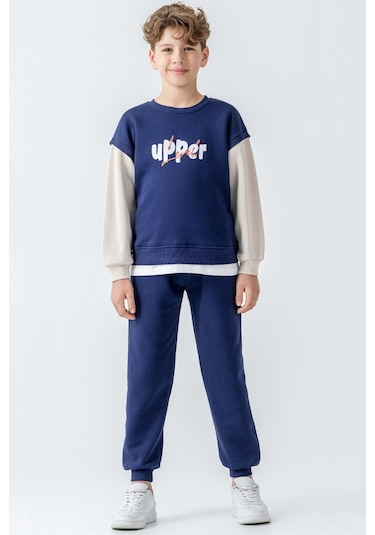 Erkek Çocuk Upper Baskılı 3 İplik Kalın Kışlık Eşofman Takımı Ak4231 Lacivert